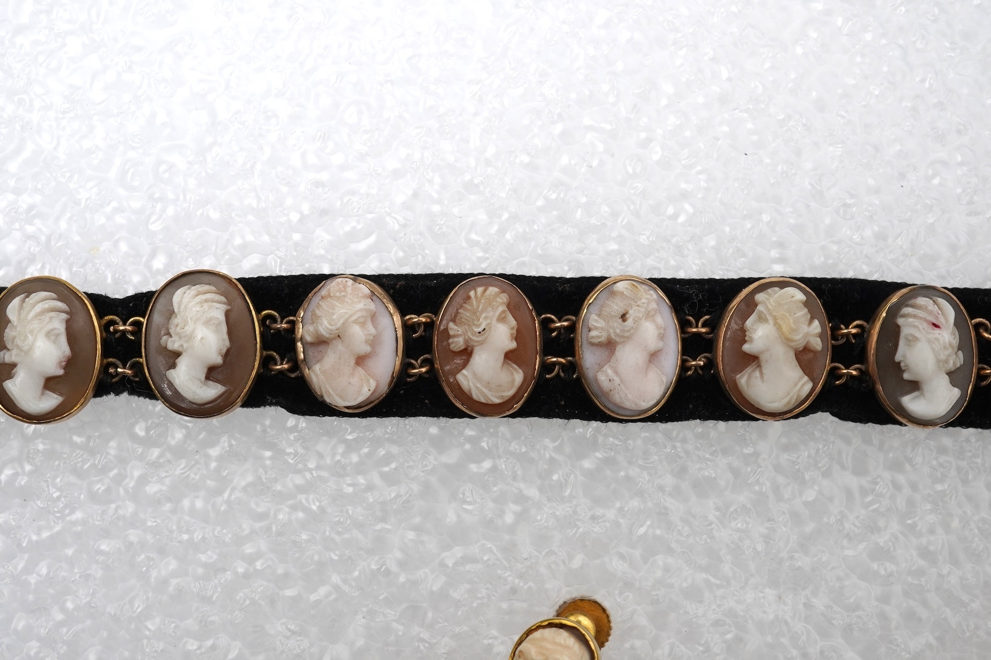 A pair of shell cameo earrings and bracelet, 19th century